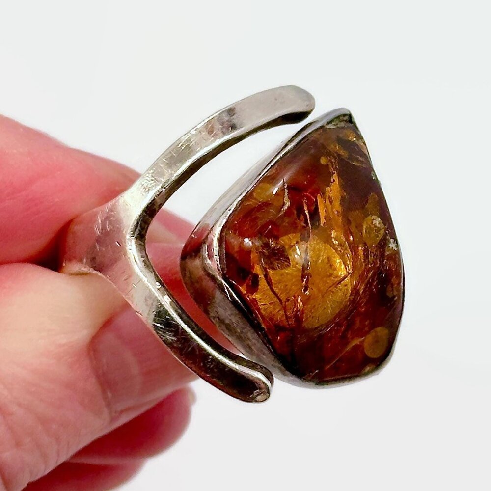 Vintage Honey Amber Sterling Silver Ring - Adjustable Unisex Design